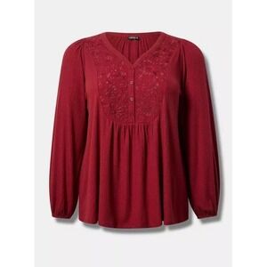Torrid NEW! 3X Textured Jersey V-neck Embroidered Long Sleeve Top In‎ Rhubarb